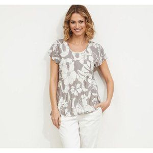 Masai Kalli Floral Top Blouse Sz XS Gray White Dove Org Crewneck Boxy Pullover